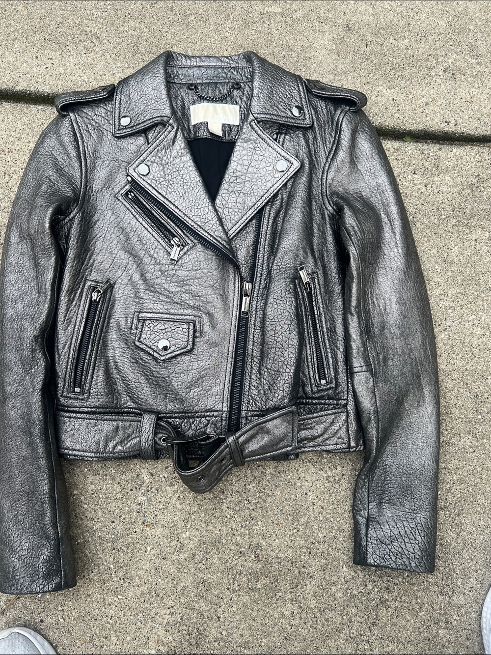 MICHAEL Michael Kors Metallic Distressed Leather Moto Jacket - Women's XS